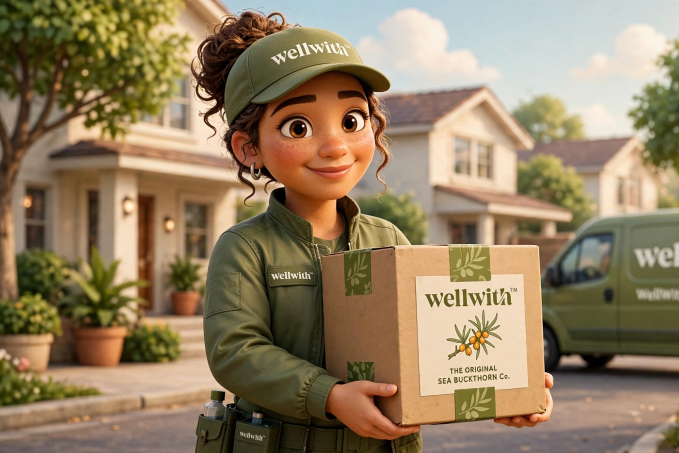 Pixar-inspired WellWith delivery character holding a WellWith package