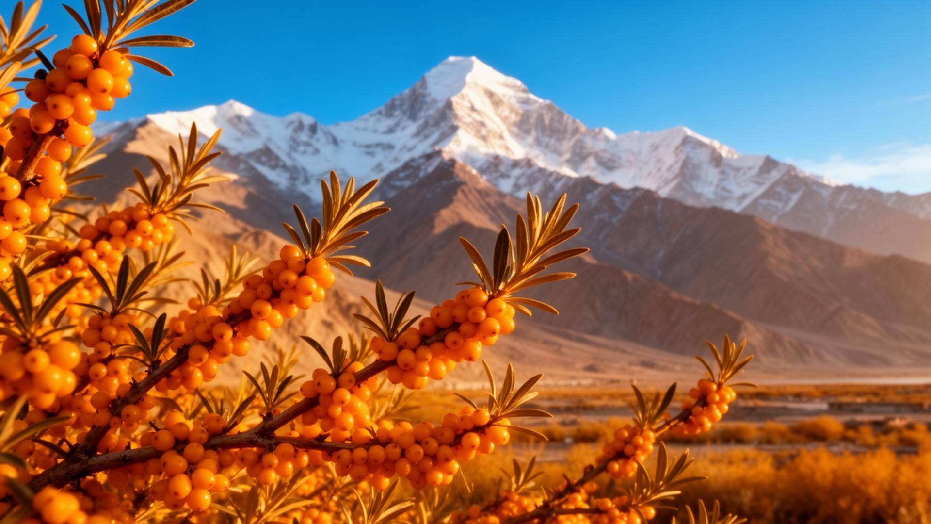 Sea Buckthorn berries growing against the Himalayan mountains of Ladakh