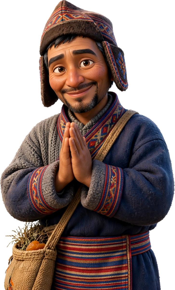Animated Ladakhi farmer welcoming you with folded hands